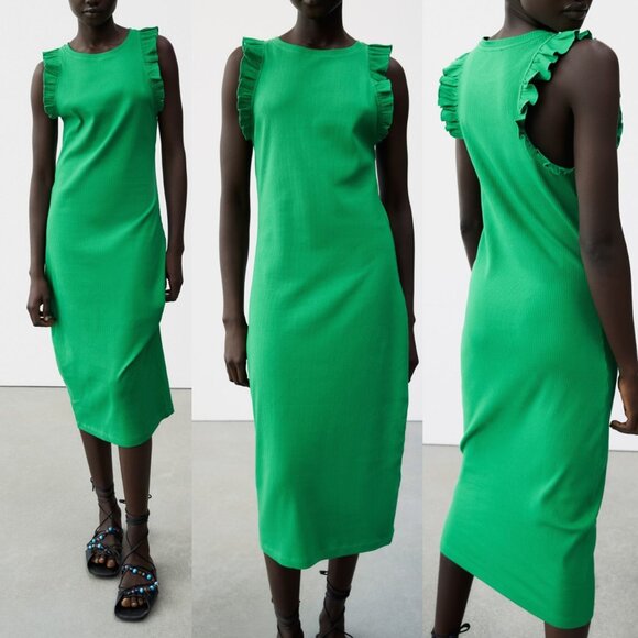 Zara Frill Ruffle Ribbed Knit Midi Dress Bodycon Kelly Green Size S  0962/629 - Picture 1 of 13